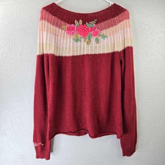 Sundace Floral Embroidered Cardigan M Burgundy Mohair Wool Boho Artsy Sweater - Picture 6 of 11